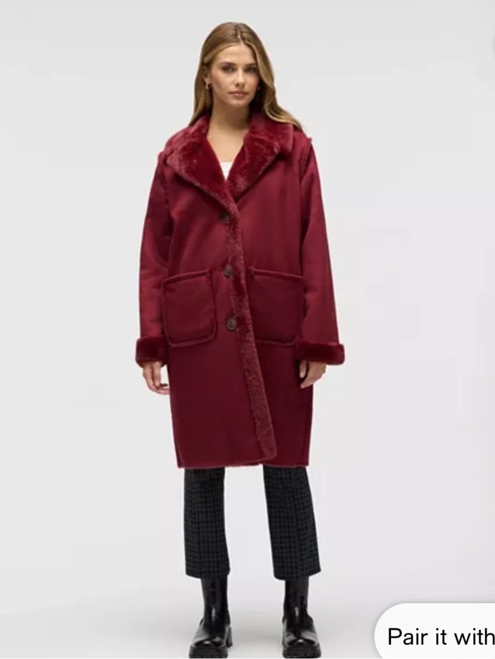 New NVLT Burgundy Longline Faux-Shearling Coat Small